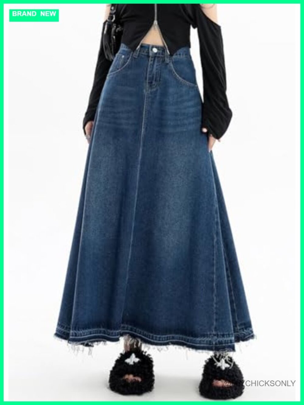 High Waist A-Line Maxi Denim Jean Skirt Raw Hem Fringe - Picture 4 of 6